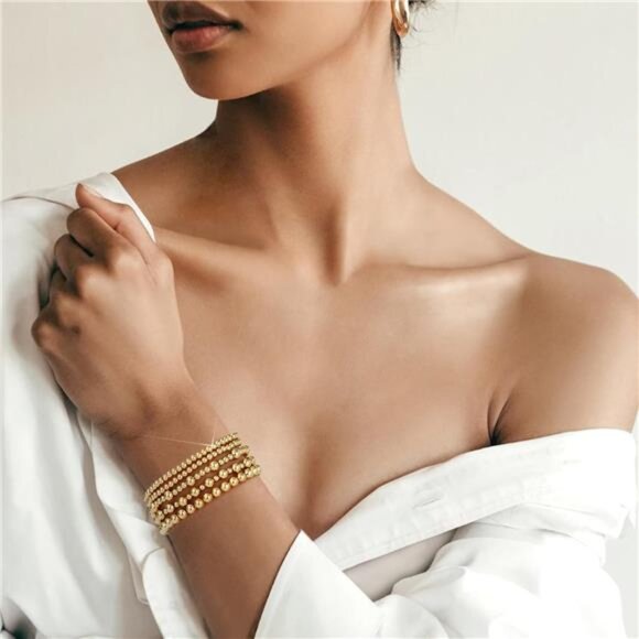 Gold Beaded Bracelets for Women Stackable Adjustable 14K Gold Plated Jewelry Set - Picture 4 of 6